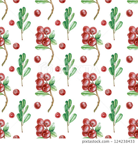 Seamless watercolor background with cranberry branches, red wild berries and green leaves. Botanical illustration. For packaging design, wallpaper and others. 124238433