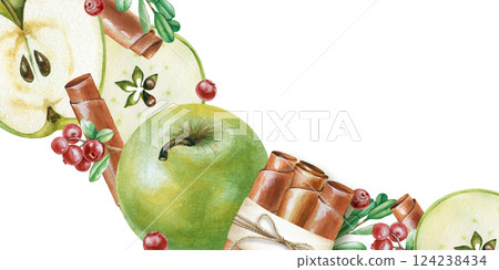 Watercolor rectangular frame with diagonal pattern of green apples, apple paste, cranberry twigs and green leaves. A bunch of marshmallows tied with a string, and individual marshmallow rolls. The Watercolor rectangular frame with diagonal pattern of green apples, apple paste, cranberry twigs and green leaves. A bunch of marshmallows tied with a string, and individual marshmallow rolls. The 124238434