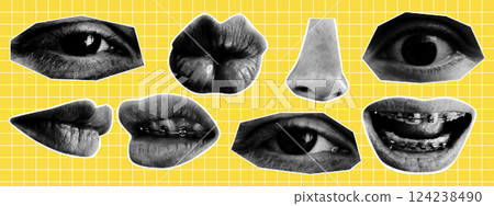 Set of retro halftone eyes, lips and nose. Y2K collage design. Modern vector illustration. 124238490