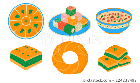 Baklava, rahat lukum, bagel simit, ashure. Traditional Turkish desserts. Hand drawn vector illustration. 124238492