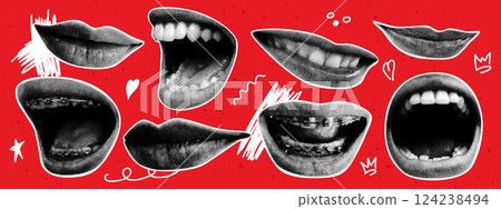 Woman halftone lips set with doodle elements. Y2K collage design. Modern vector illustration. 124238494