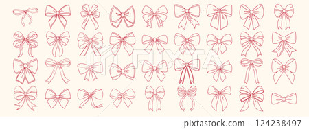Outline bowknots set. Simple hand drawn bows. Trendy y2k aesthetic. Outline bowknots set. Simple hand drawn bows. Trendy y2k aesthetic. 124238497