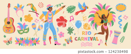 Set of Brazilian carnival elements. Masks, bird, dancing people in costume, guitar, garland. Trendy collection 124238498