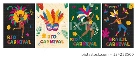 Trendy Brazilian carnival vector poster set. Dancing people, mask, naive doodle shapes. Modern illustration in hand drawn style 124238500