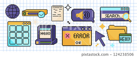 Y2K computer windows set. Pixel art objects in 8 bit style. Retro 80s, 90s video game graphics. 124238506
