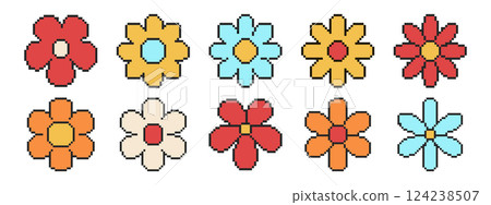 8 bit flower icon set. Pixel art object. Old school vintage game graphic. 124238507