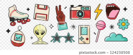 8 bit retro y2k elements icon set. Pixel art object. Old school vintage game graphics. Rollers, floppy disk, camera, screaming mouth, tamagotchi. 124238508