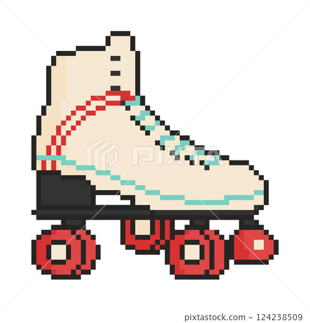 Pixel art roller skates icon in 8 bit style. Retro 80s,90s video game graphics. 124238509