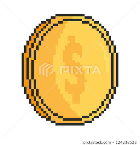 8 bit coin icon. Pixel art object. Old school vintage game graphic. 124238528