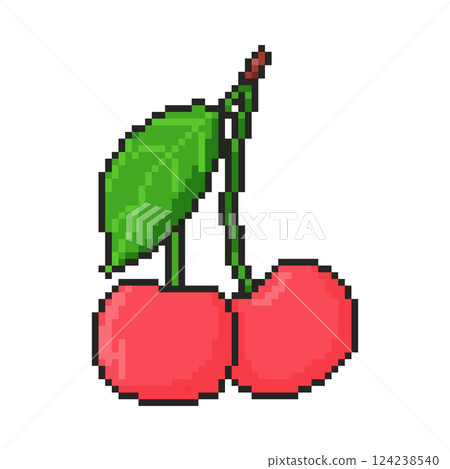 8 bit cherry icon. Pixel art object. Retro 80s,90s video game graphics. 8 bit cherry icon. Pixel art object. Retro 80s,90s video game graphics. 124238540