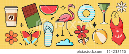 Pixel art summer icon set in 8 bit style. Retro 80s,90s video game graphics. Flamingo, lifebuoy, cocktail, swimsuit, ball, cloud, flower. 124238550