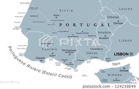 Portuguese Riviera, Estoril Coast, gray political map. Affluent coastal region to the west of Lisbon, Portugal, centered on the coastal municipalities of Cascais including Estoril, Oeiras and Sintra. Portuguese Riviera, Estoril Coast, gray political map. Affluent coastal region to the west of Lisbon, Portugal, centered on the coastal municipalities of Cascais including Estoril, Oeiras and Sintra. 124238649