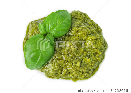 Pesto sauce isolated on white background. Top view. Flat lay Pesto sauce isolated on white background. Top view. Flat lay 124238666