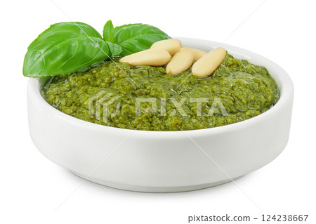 Pesto sauce in ceramic bowl isolated on white background Pesto sauce in ceramic bowl isolated on white background 124238667