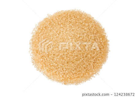 pile of brown granulated sugar isolated on white background. Top view, flat lay 124238672