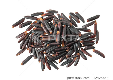 Black wild rice isolated on white background close up. Top view. Flat lay Black wild rice isolated on white background close up. Top view. Flat lay 124238680