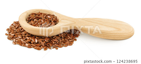 flaxseed in wooden spoon isolated on white background. 124238695