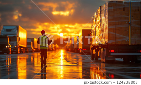 A Detailed and Realistic Image of a Truck Driver Inspecting the Cargo of Their Large Semi-Truck at Sunrise, with the Golden Morning Light Casting Long Shadows 124238805