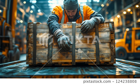 Truck Driver Securing a Large Wooden Crate onto the Flatbed of a Semi-Truck Using Industrial Straps, Wearing Gloves and a High-Visibility Vest, with an Industrial Warehouse in the Background 124238808