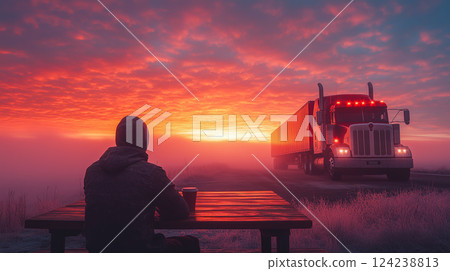 Truck Driver Sitting at a Picnic Table at a Highway Rest Stop, Enjoying Coffee with Their Semi-Truck Parked Nearby, Early Morning Fog, and a Soft Pink and Orange Sunrise Sky 124238813