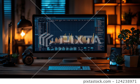 View of a stock chart on a desktop computer at an office desk with accessories during the night. 124238971