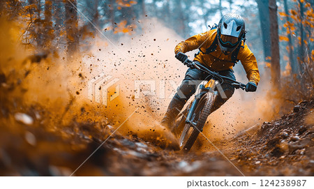 A mountain biker speeds around a corner on a dirt trail, kicking up dust in a dynamic display of skill. 124238987