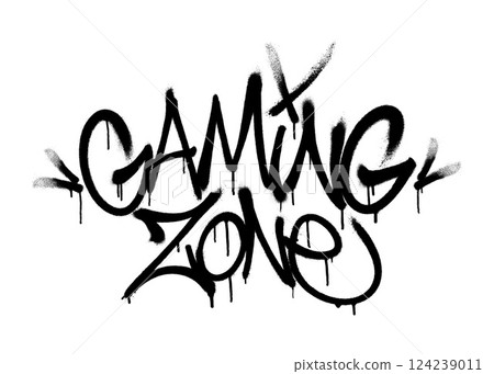 Sprayed gaming zone font graffiti with overspray in black over white. Vector illustration. 124239011