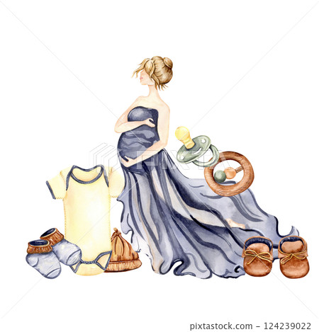 Watercolor illustration of a pregnant woman in a flowing blue dress with baby essentials 124239022