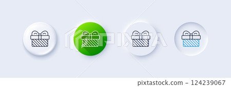 Gift box line icon. Neumorphic, Green gradient, 3d pin buttons. Christmas or New year present sign. Surprise symbol. Line icons. Neumorphic buttons with outline signs. Vector Gift box line icon. Neumorphic, Green gradient, 3d pin buttons. Christmas or New year present sign. Surprise symbol. Line icons. Neumorphic buttons with outline signs. Vector 124239067