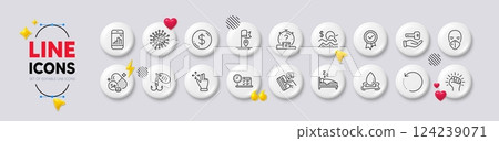 Tested stamp, Sleep and Online test line icons. White buttons 3d icons. Pack of Empower, Medical mask, Quiz icon. Buying house, Flag, Credit card pictogram. Vector 124239071