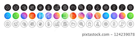 Fireworks, Discrimination and Battery charging line icons. Round icon gradient buttons. Pack of Analysis app, Podcast, Presentation board icon. Global business, Milestone, Psychology pictogram. Vector 124239078