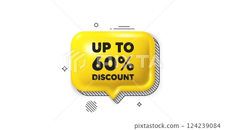 3d speech bubble icon. Up to 60 percent discount. Sale offer price sign. Special offer symbol. Save 60 percentages. Discount tag chat talk message. Speech bubble banner. Yellow text balloon. Vector 3d speech bubble icon. Up to 60 percent discount. Sale offer price sign. Special offer symbol. Save 60 percentages. Discount tag chat talk message. Speech bubble banner. Yellow text balloon. Vector 124239084