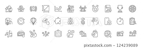 Technical documentation, Business report and Exhibitors line icons. Pack of Ranking stars, Group people, Chemistry experiment icon. Award cup, Phone download, Puzzle pictogram. Line icons. Vector Technical documentation, Business report and Exhibitors line icons. Pack of Ranking stars, Group people, Chemistry experiment icon. Award cup, Phone download, Puzzle pictogram. Line icons. Vector 124239089