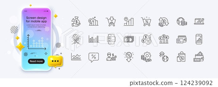 Wallet, Shopping and Graph chart line icons for web app. Phone mockup gradient screen. Pack of Currency rate, Sales diagram, Budget pictogram icons. Vector Wallet, Shopping and Graph chart line icons for web app. Phone mockup gradient screen. Pack of Currency rate, Sales diagram, Budget pictogram icons. Vector 124239092