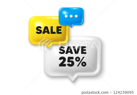 Discount speech bubble offer 3d icon. Save 25 percent off tag. Sale Discount offer price sign. Special offer symbol. Discount offer. Speech bubble sale banner. Discount balloon. Vector 124239095