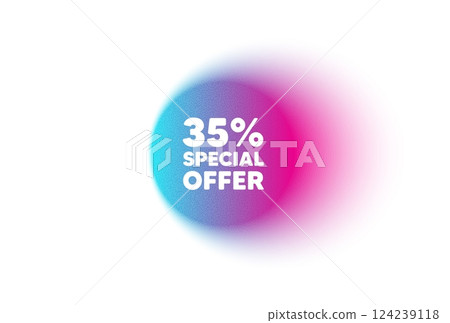 Color neon gradient circle banner. 35 percent discount offer tag. Sale price promo sign. Special offer symbol. Discount blur message. Grain noise texture color gradation. Vector 124239118