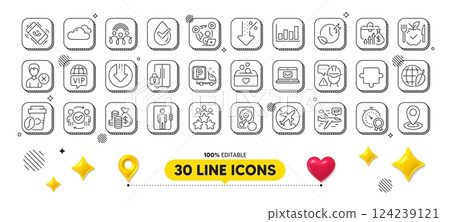 Vegetarian food, Business meeting and Coins bag line icons pack. 3d design elements. Salary, Donation, Report diagram web icon. E-mail, Cloudy weather, Call center pictogram. Vector 124239121