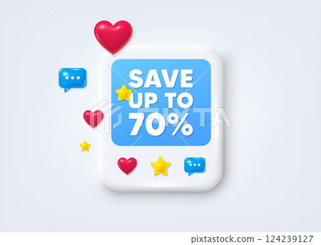 Social media post 3d frame. Save up to 70 percent tag. Discount Sale offer price sign. Special offer symbol. Discount message frame. Social media photo banner. Like, star and chat icons. Vector Social media post 3d frame. Save up to 70 percent tag. Discount Sale offer price sign. Special offer symbol. Discount message frame. Social media photo banner. Like, star and chat icons. Vector 124239127