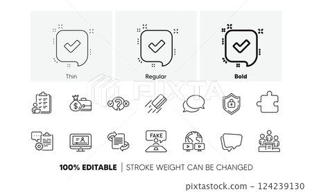 Puzzle, Quiz test and Online video line icons. Pack of Checklist, Confirmed, Fake review icon. Shield, Messenger, Credit card pictogram. Video conference, Marketing, Clipboard. Line icons. Vector 124239130