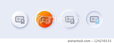 Certificate line icon. Neumorphic, Orange gradient, 3d pin buttons. Verified document sign. Accepted or confirmed symbol. Line icons. Neumorphic buttons with outline signs. Vector 124239133