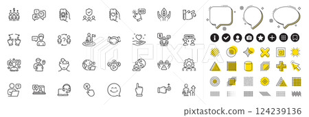 Set of Difficult stress, Yoga and Handshake line icons for web app. Design elements, Social media icons. Medical help, Consult, Team work icons. Vector 124239136