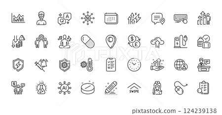 Analysis graph, Chemistry lab and Capsule pill line icons pack. AI, Question and Answer, Map pin icons. Vaccination, Investment, Charging station web icon. Vector 124239138