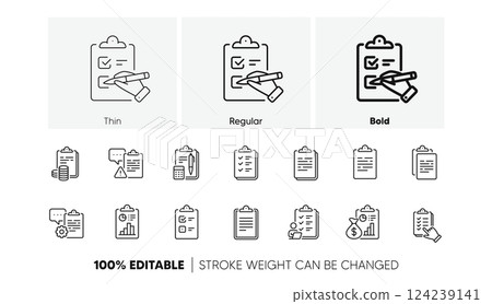 Agreement info, Clipboard manager, Accounting Report. Checklist documents line icons. Medical schedule, Document list and Voting checklist line icons. Data calculation, Contract document. Vector 124239141