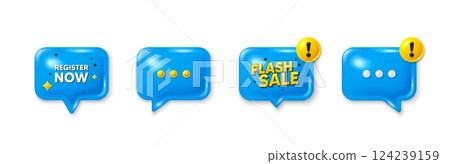 Offer speech bubble 3d icons. Register now tag. Free registration offer. Create an account message. Register now chat offer. Flash sale, danger alert. Text box balloon. Vector 124239159