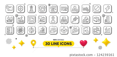 Exhaust, Paint and Windmill line icons pack. 3d design elements. Parcel tracking, Open door, Circle area web icon. Power, Consumption growth, Rise price pictogram. Vector Exhaust, Paint and Windmill line icons pack. 3d design elements. Parcel tracking, Open door, Circle area web icon. Power, Consumption growth, Rise price pictogram. Vector 124239161