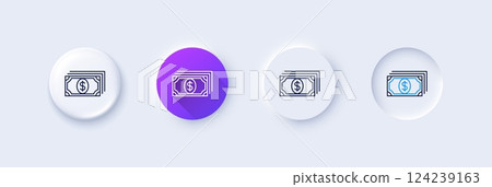 Payment line icon. Neumorphic, Purple gradient, 3d pin buttons. Dollar exchange sign. Finance symbol. Line icons. Neumorphic buttons with outline signs. Vector 124239163