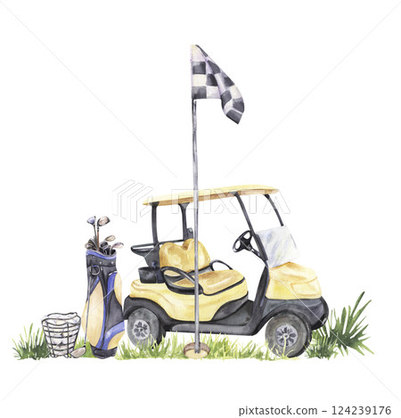 A golf cart parked near a checkered flag, with a golf bag, clubs, and a ball 124239176