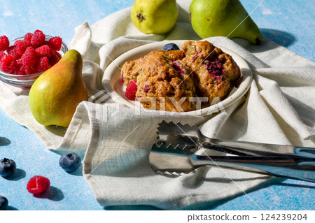 Pear and raspberry scones. Fresh pastries. Pear and raspberry scones. Fresh pastries. 124239204