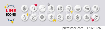 Headshot, Team work and Move gesture line icons. White buttons 3d icons. Pack of Face accepted, Video conference, Touchscreen gesture icon. Loan percent, Smile chat, Meeting pictogram. Vector 124239263