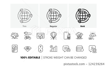 Hdd, Building and Co2 gas line icons. Pack of Electric bike, Air balloon, Phone calculator icon. Graph chart, Seo marketing, Video conference pictogram. Eco energy, Recovery server. Line icons. Vector 124239264